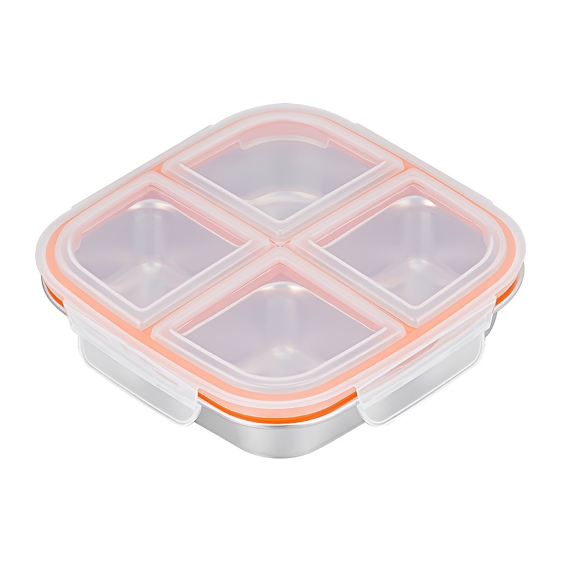TEMU Boîte à collation et à déjeuner à 4 compartiments en acier inoxydable avec couvercle - Contenant bento robuste de qualité alimentaire 304,