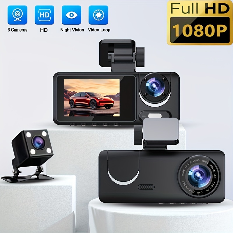 Dash Cam Front and Rear with 64G SD Card, 1080P FHD DVR Car Dashboard  Camera DashCam Video Recorder 3 LCD Screen Night Version, G-Sensor,  Parking