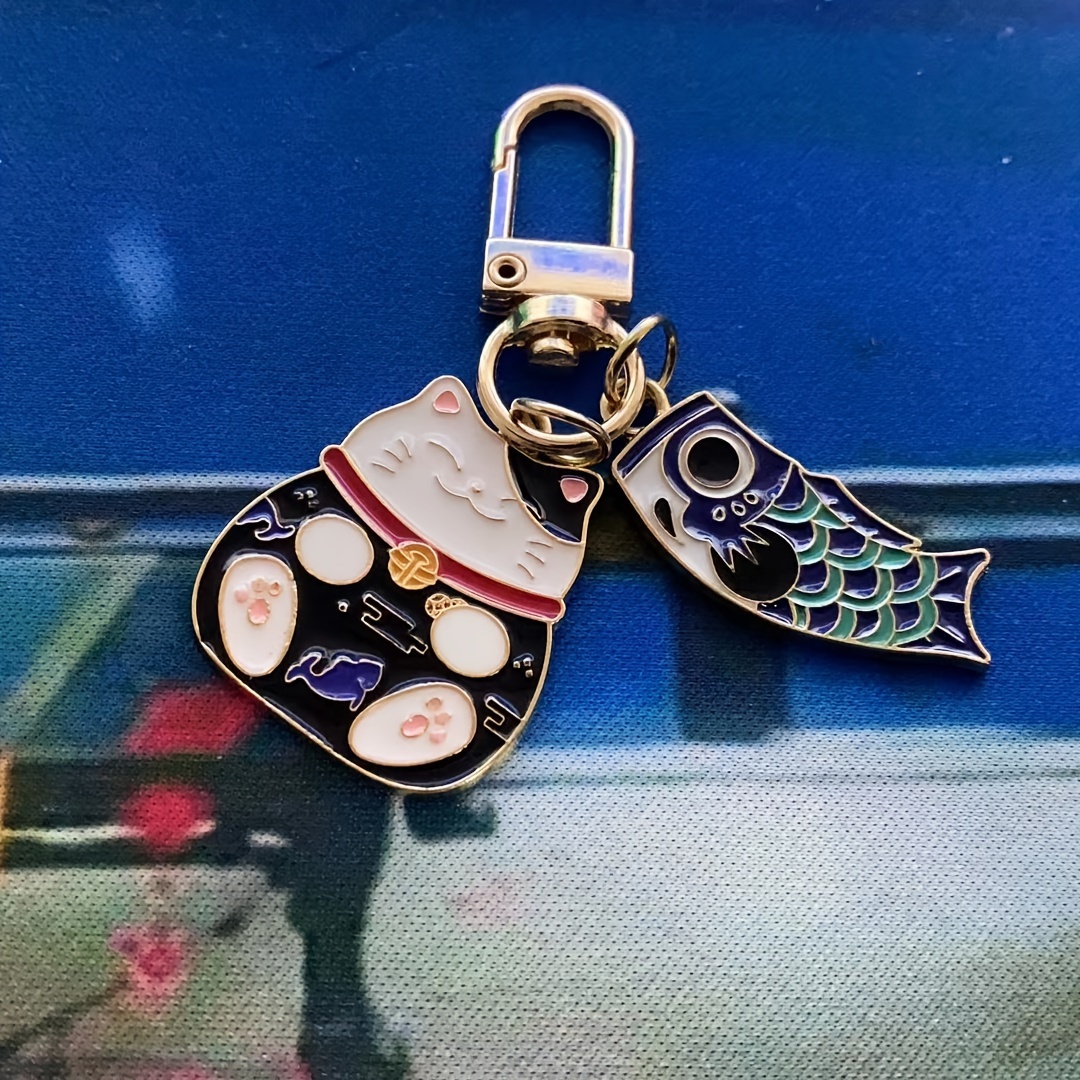 1pc Cute Cat Keychain, Zinc Alloy Enamel Koi Fish Charm, Fashionable Couple's Gift Bag Pendant For Men And Women, Oil, Creative