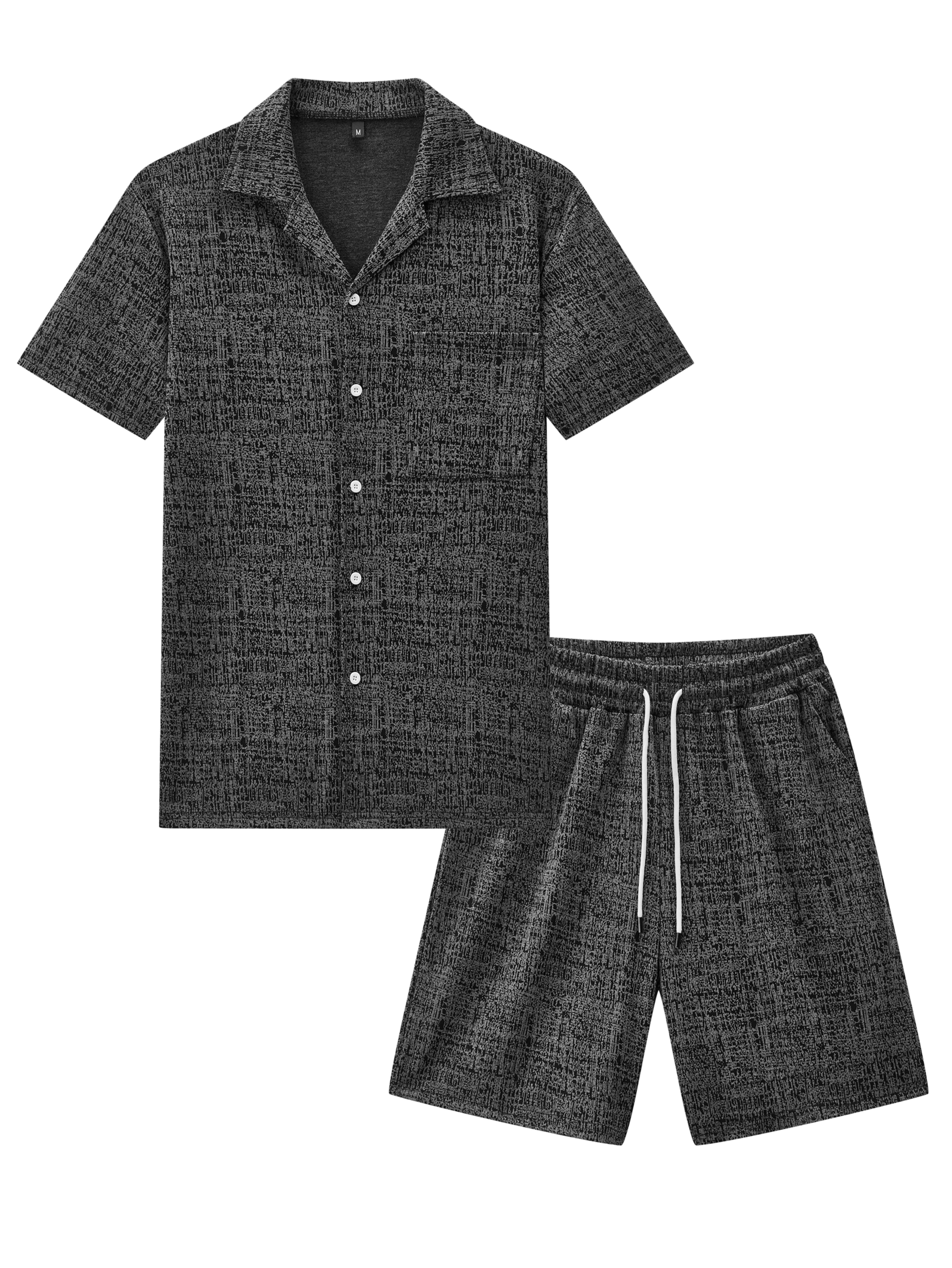 Men'S 2pcs Jacquard Set, Short Sleeve Shirt with Side Pockets And Drawstring Shorts, Clean And Comfortable