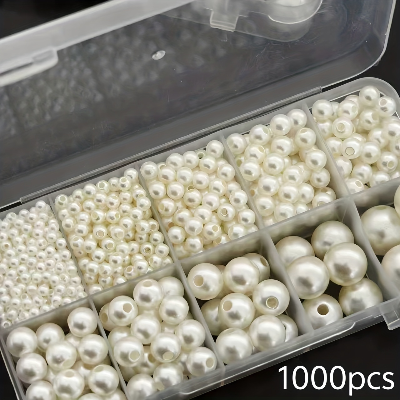 TEMU 1000pcs 3-20mm Acrylic 10-compartment Box. Round Beads For Jewelry Making, White And Beige Beaded Accessories, Jewelry Craft Supplies. Beading