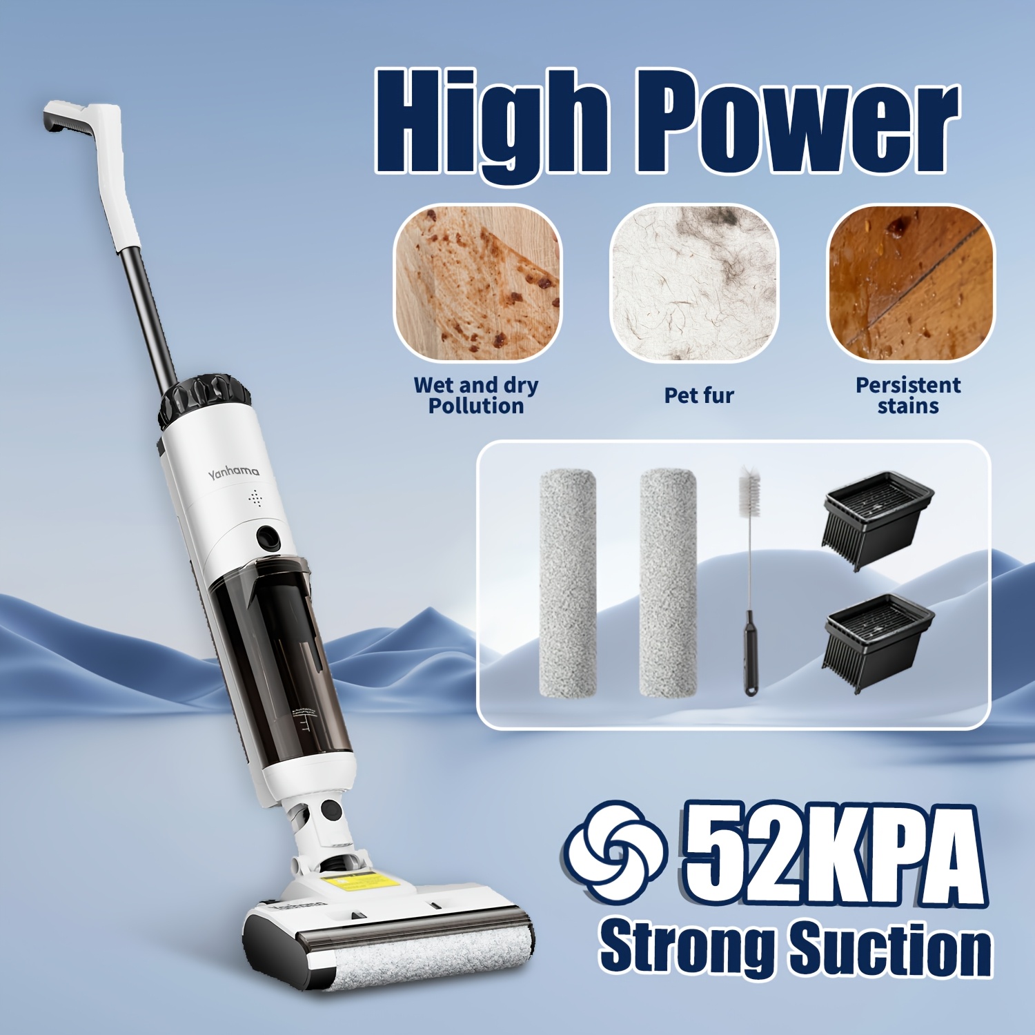 Cordless Floor Washer 52kpa Strong Suction Wet And Dry Cleaning Vacuuming, Mopping, And Scrubbing 3-in-1 Must-have For Pet Families