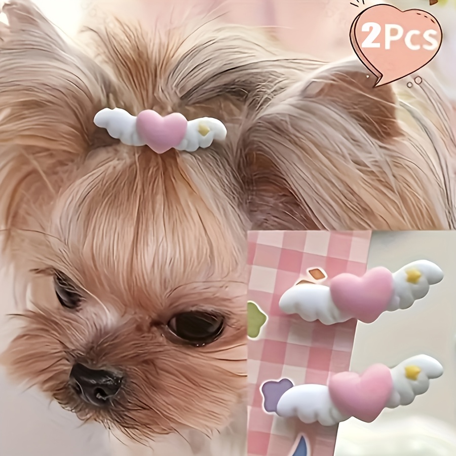 2pcs Adorable Heart-shaped Mini Wing Pet Hair Clips - Dog Fur, Pink & Peach Colors, Dog Hair Accessories