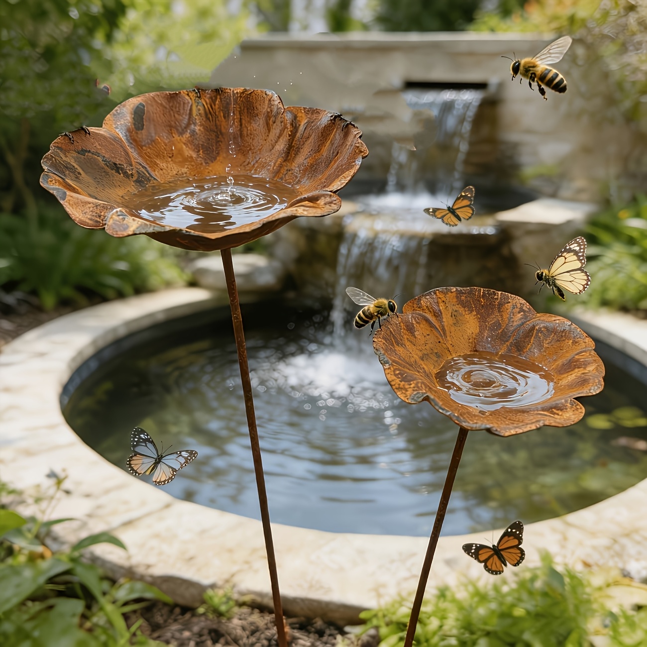 【3d】 [3d] 2pcs Country Garden Flower Stand, Decorative Bird Bath Outdoor, Retro Rusty Aged Courtyard Artwork, Bird Feeder For Courtyard Lawn Backyard Decoration