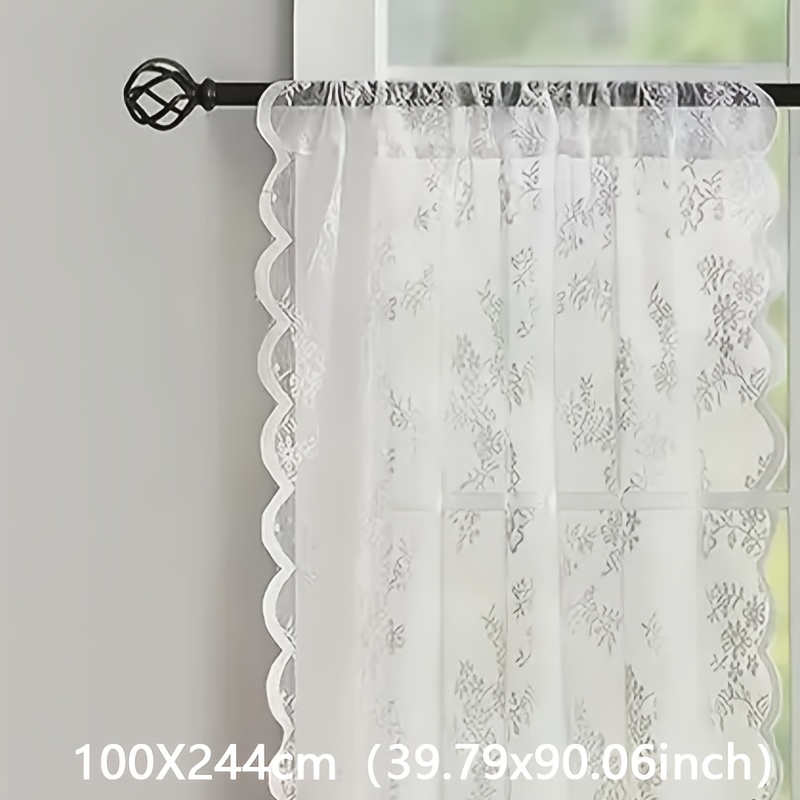 Romantic Pastoral Lace Sheer Curtain For Balcony And Office, Translucent Window Drapery With Floral Pattern, Machine Washable Polyester, Rod - 1pc