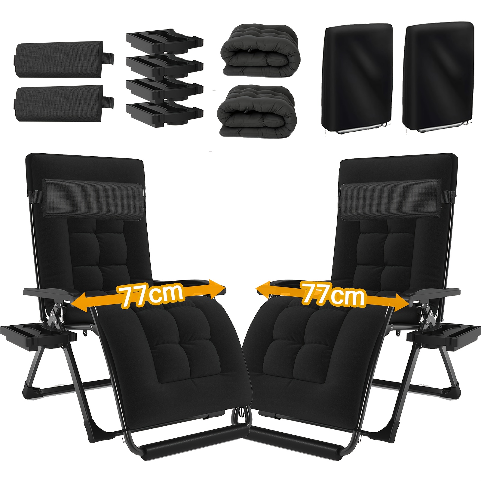 2 Foldable 0 Gravity Lounge Chairs, Camping Chairs, With Dimensions Of 65/72/77cm, Equipped With Adjustable Backrest, 4 Beverage Racks And Cushions, Are For Gardens, Patios Or .