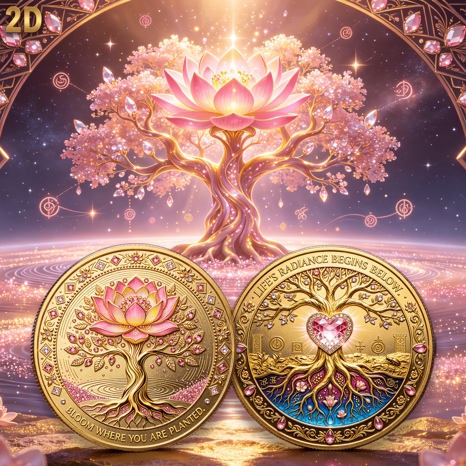 TEMU Replica Coin 1pc, 2d, High-grade Pink For Lotus Tree Of Heart-root System Collectible Coin, Creative And Exquisite Commemorative Coin For
