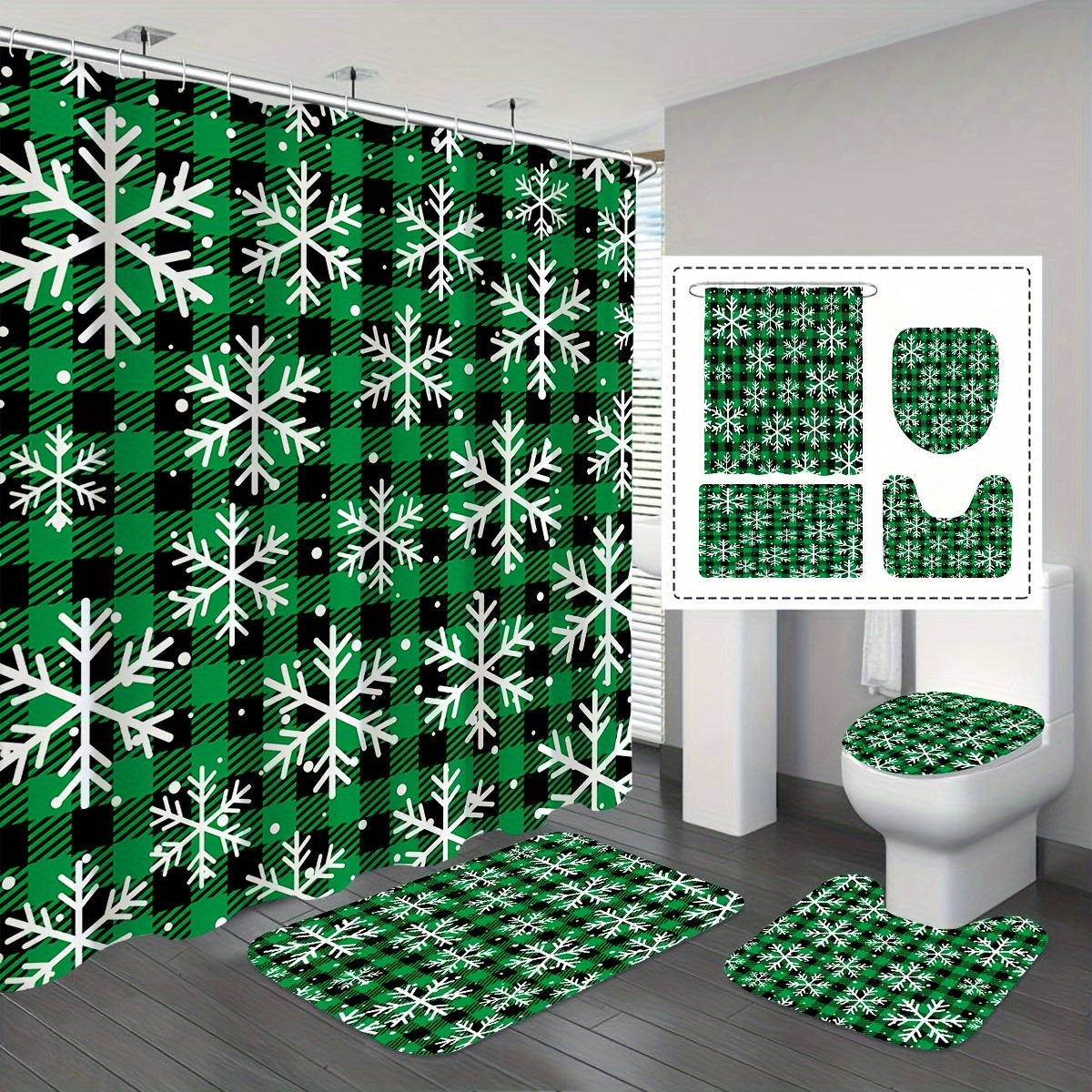 

Christmas And Bathroom Set - Bath Mats, Lid , U-shaped Rug, Polyester Bath , Decor
