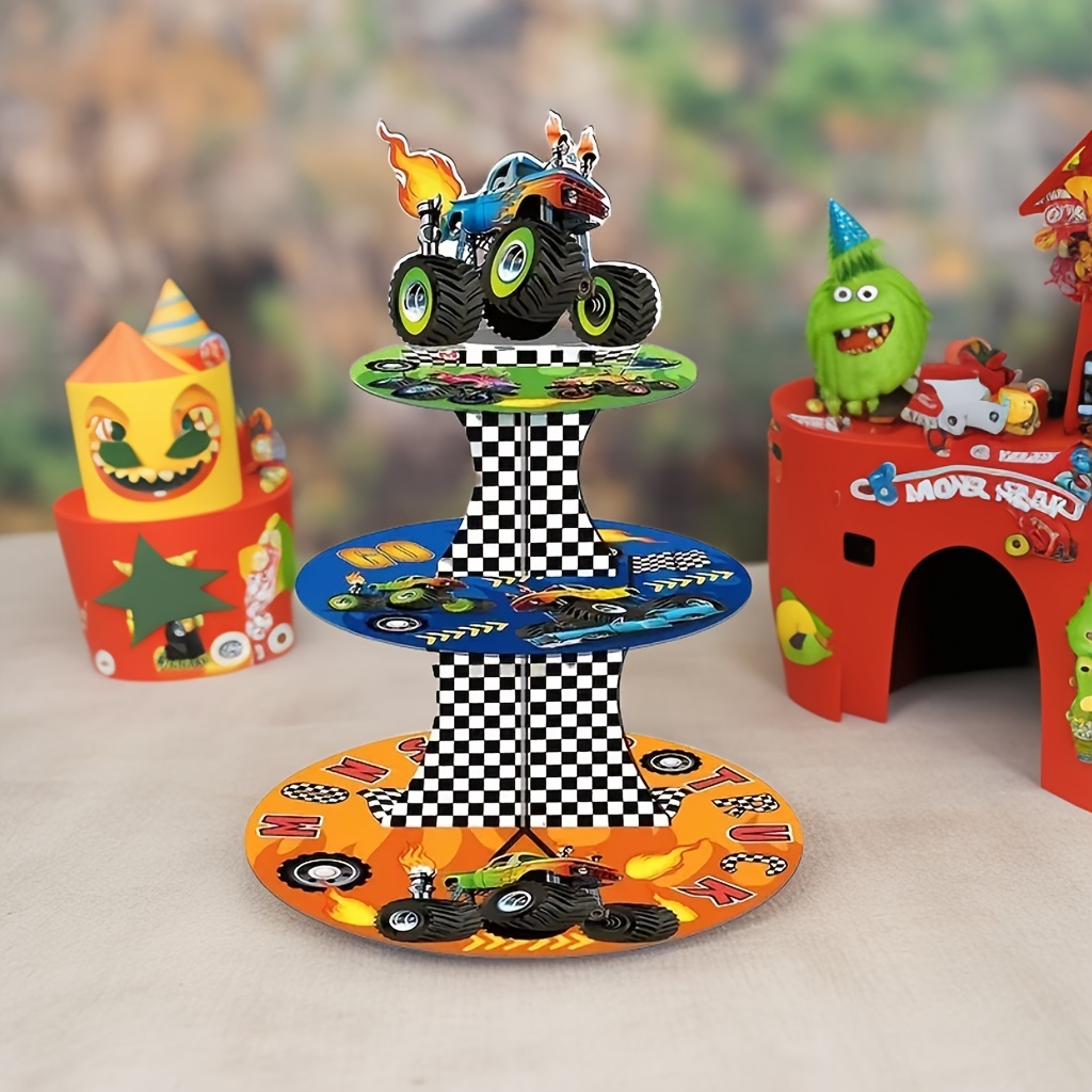 

1pc, Monster Truck Cupcake Stand 3 Tier Monster Truck Party Supplies Cake Stand For Birthday Party Decorations, Cake Desserts, Dessert Trays, Party Favors, Party Supplies