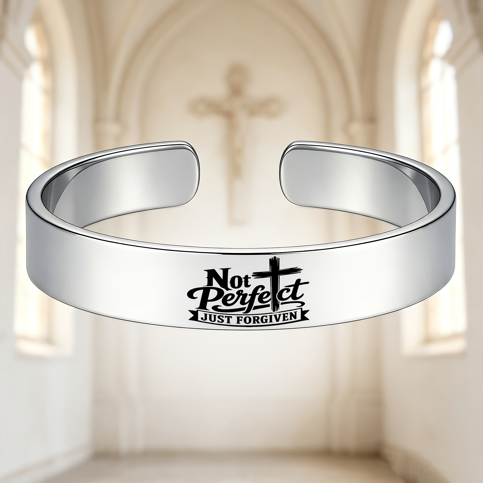 'Imperfect But Forgiven' Christian Cross Open Bangle, Faith Gift