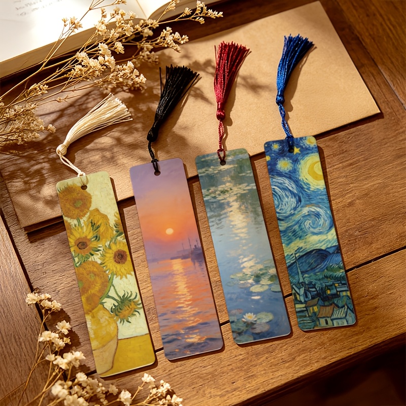 TEMU 4pcs Set, Famous Paintings Scenery: Van Gogh Sunflowers, Starry Night, Sunset, Water , Vintage Pattern 1.5in*5.9in 2d Printed Pu Leather