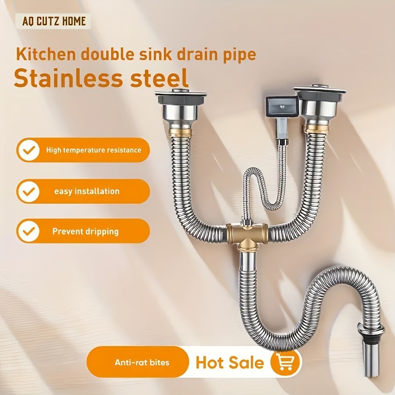 

304 Stainless Steel Double Sink Drain Pipe Kit With Anti-rat Bite Overflow Protection, Easy Installation, And High-temperature Resistance For Kitchen - Stainless Steel Finish