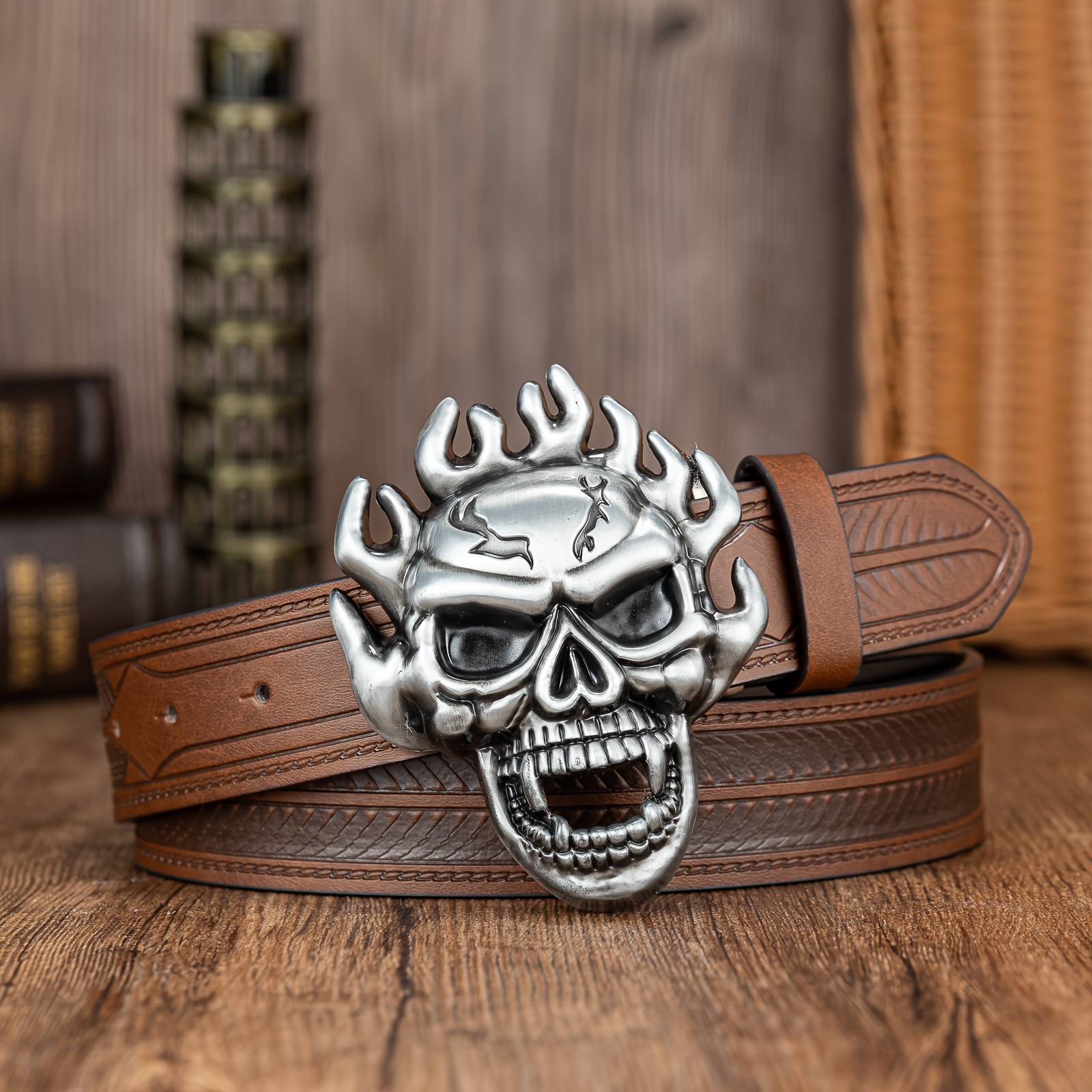 1pc * Vintage Skull * *'S Belt, Faux Leather Embossed Striped