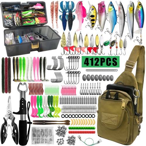 88 139 412pcs fishing lure kit with storage box including purse or backpack soft bait hard bait hook lead pendant rotating sequins artificial decoy suitable for fishermans gift