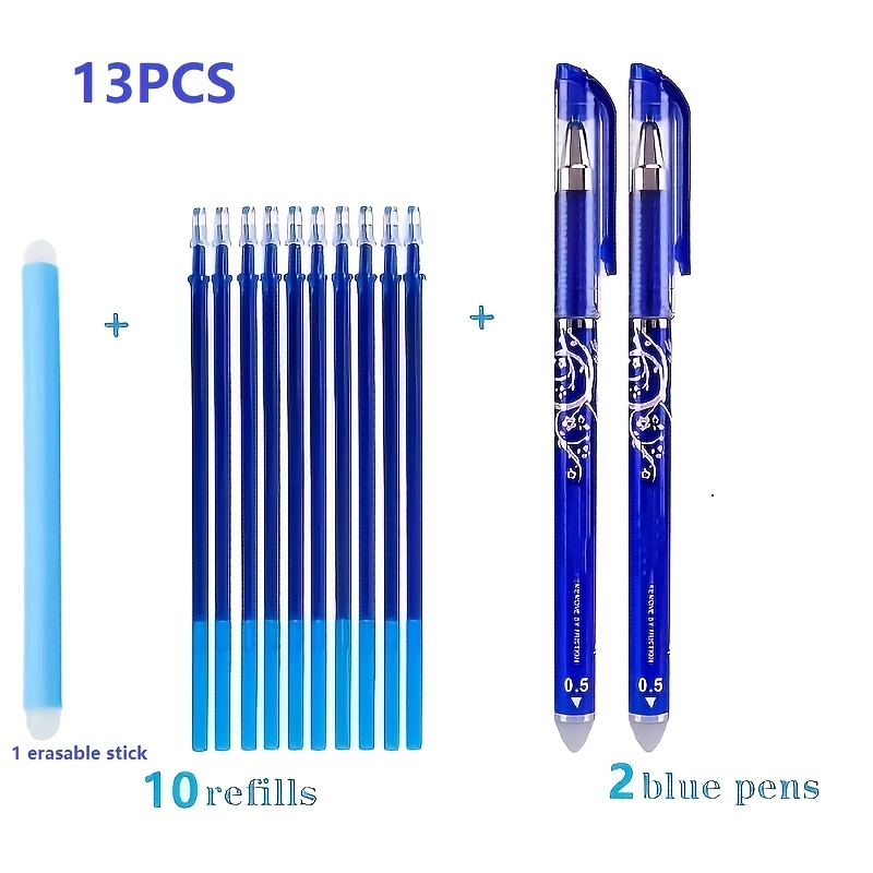 TEMU Set effaçable de 13 pièces, 2 stylos + 10 recharges + 1 gomme bâtonnet, stylo gel bleu 0,5 mm avec recharges remplaçables, stylo gel magique
