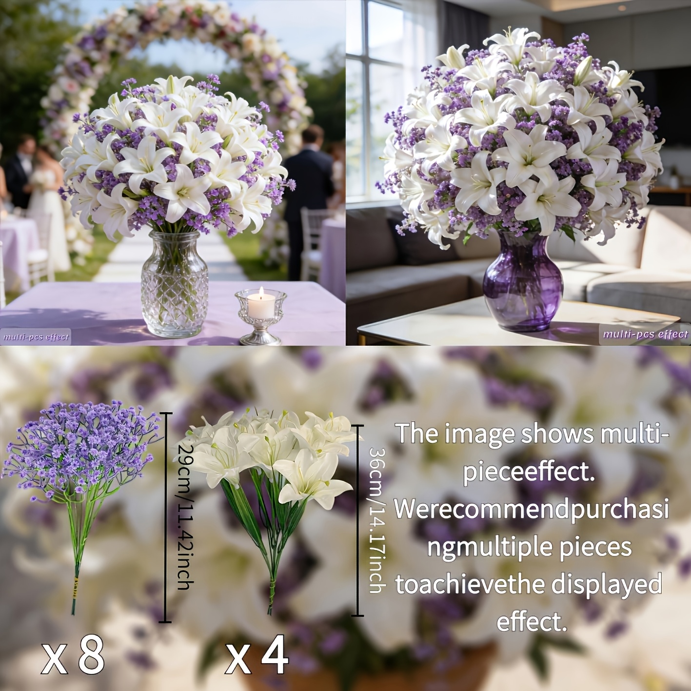 TEMU A Total Of 12pcs Artificial Flower Set: 8 Purple Gypsy Stars + 4 White Lilies, Mixed And | High-end Artificial Flower Bouquet | Wedding & Home
