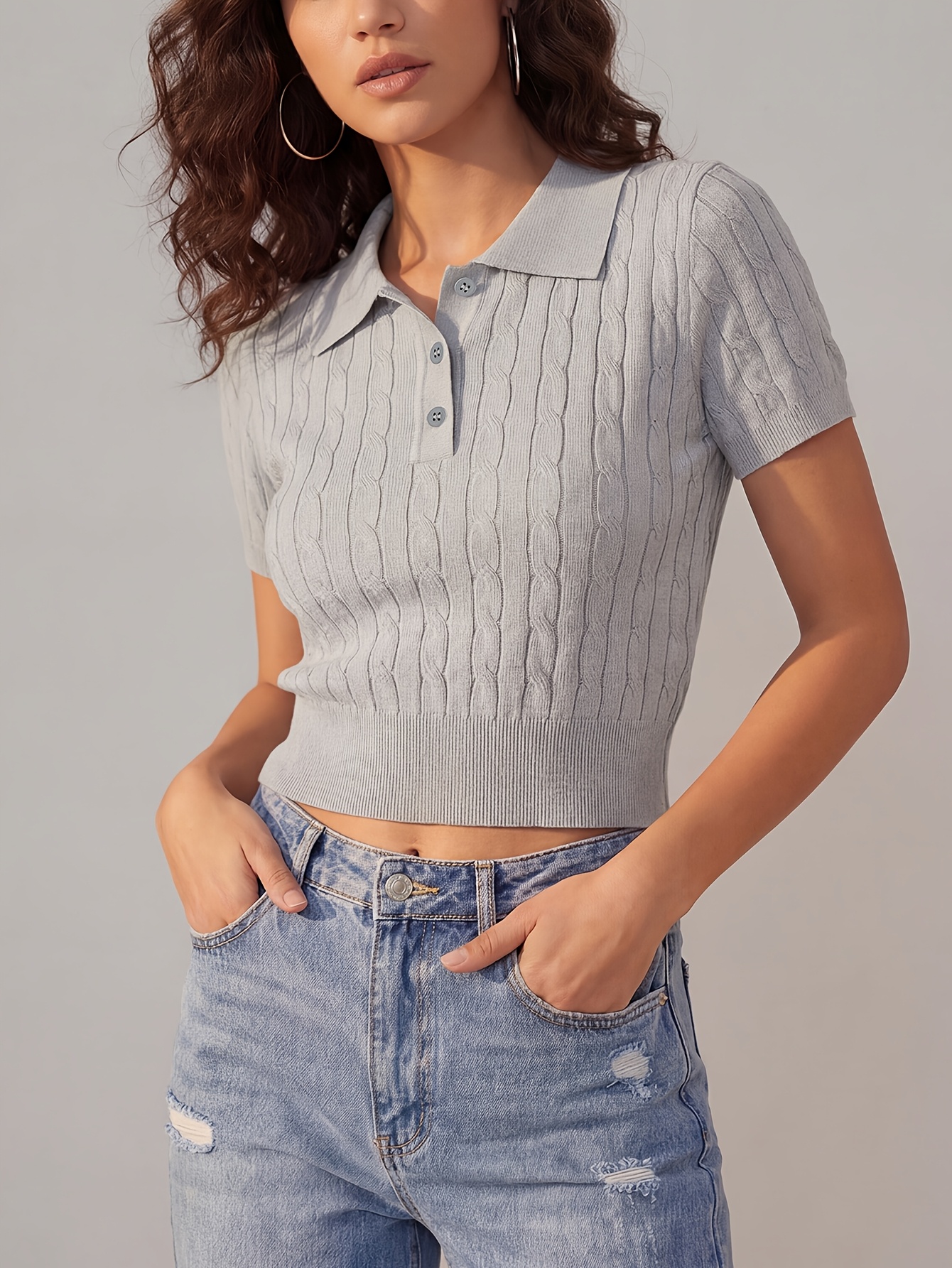 New Fashionable and Elegant Women's Thin Top, Spring/Summer Short Cropped Fit, Solid Color Collar Short Sleeve Pullover, Cable Jacquard Craftsmanship, Button-Front Placket, Slim Fit Waist-Defining Design, Sweet and Cool Style, Hot and Spicy Outfit