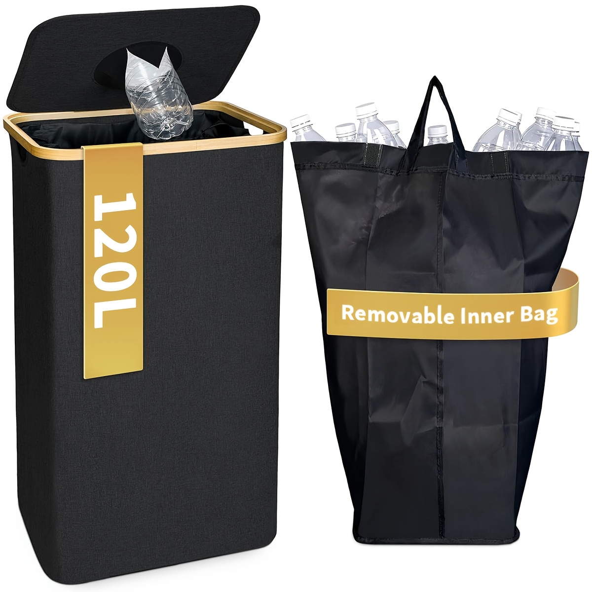 Image of 120l Bottles Collection Container With Lid, Bottle Recycling Bin, Empty Collection Container With Bamboo Frame And Bottle Collector For Used Glass , Storage Room Or Garage