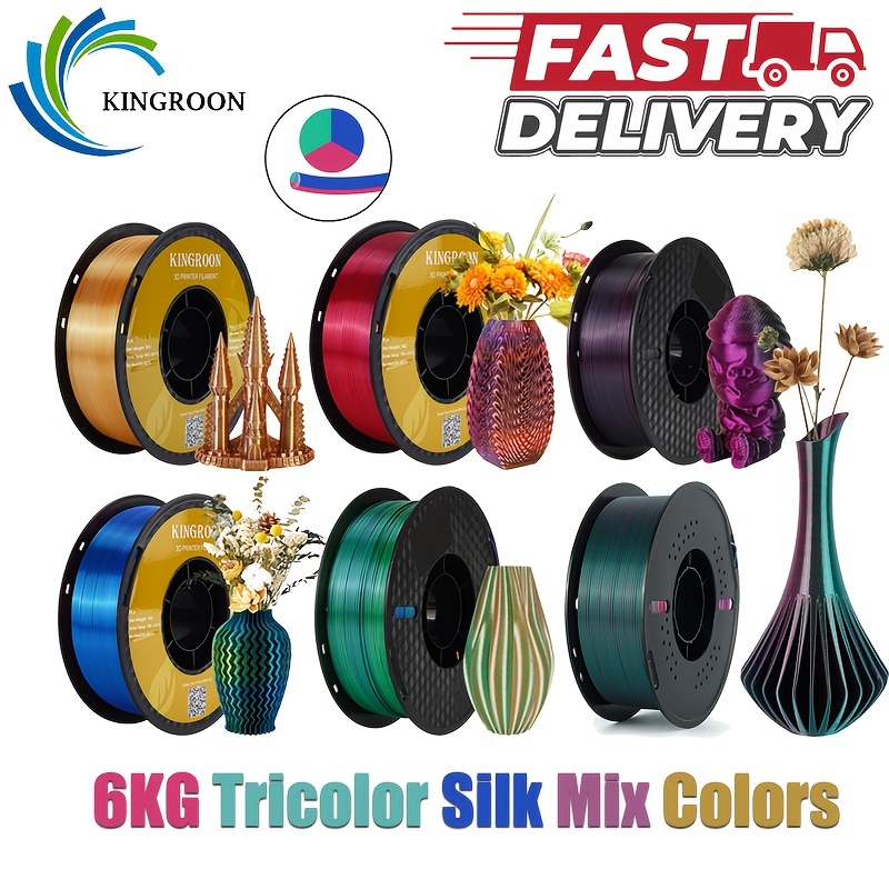 6kg Kingroon Pla Filament, Tricolor Gradient, High Toughness, Shiny Texture, 1.75mm Diameter, Low , Dimensional Accuracy +/- 0.03mm, Plastic , 6 Spools