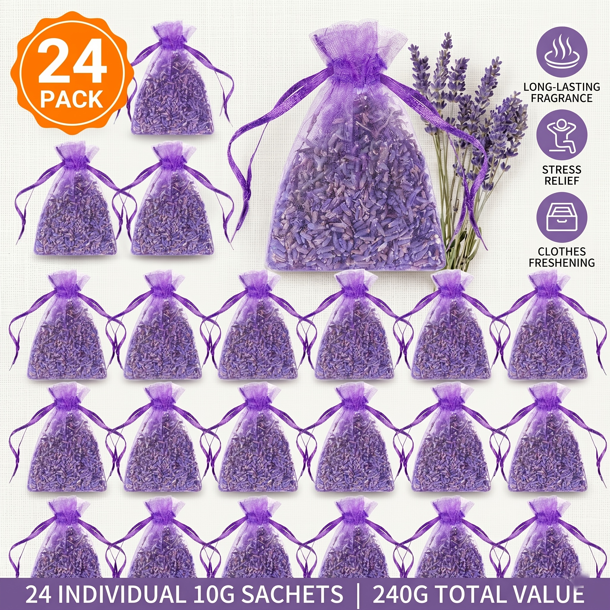 Image of 24-pack Dried Lavender Flowers In Purple Organza Sachet Bags, 10g Each, 240g Total, Lavender Buds For , Crafts, Drawers, Closets, Wardrobes, Weddings & Party Decor