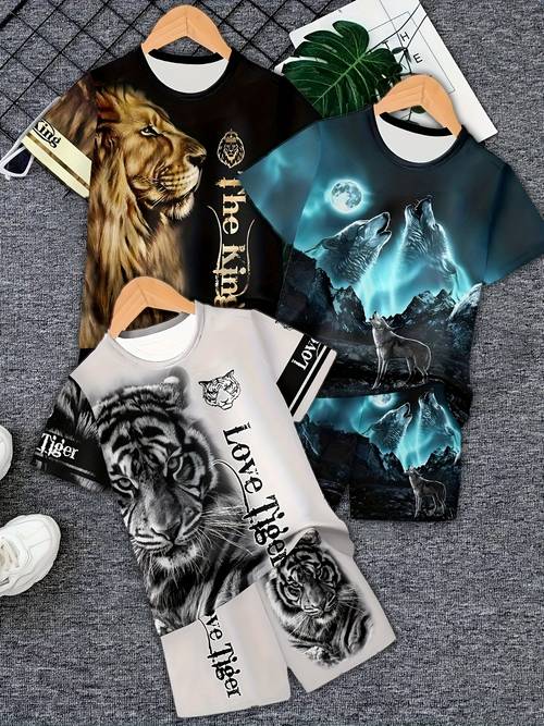 6pcs set and wolf print boys fashion casual printed pattern boys t shirt short sleeve set with shorts casual sportswear fitness and outdoor sports outfit outdoor