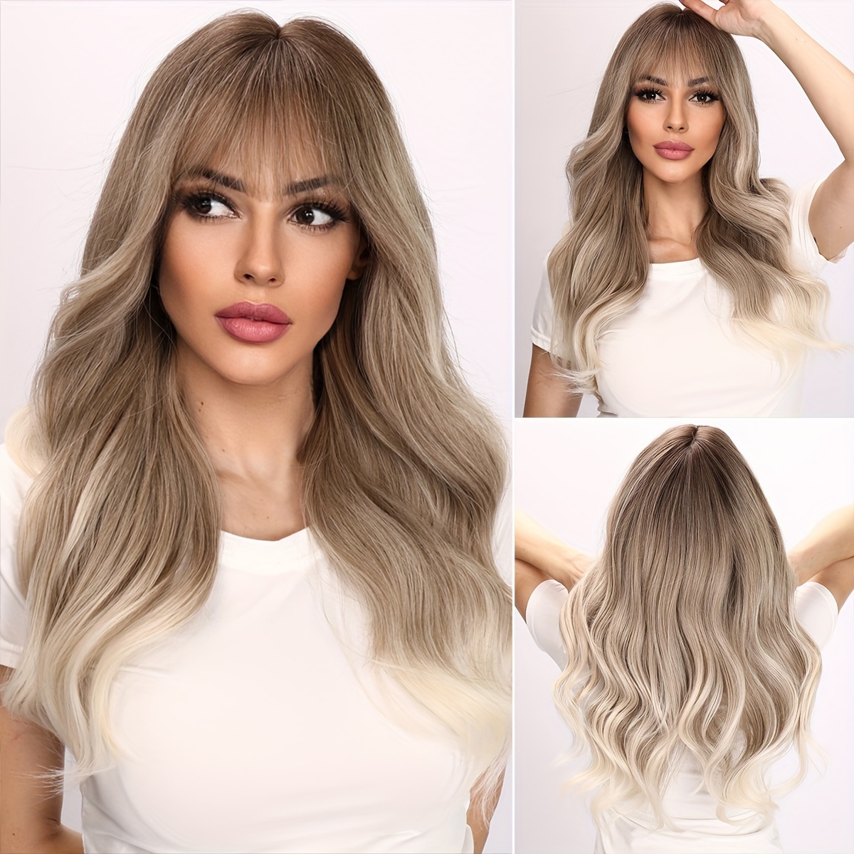 

24 Inch Platinum Brown Charming Bangs Wig - Long, Curly, Heat-resistant - Perfect For Role-playing And Parties - Durable Seamless Edging Synthetic Fiber