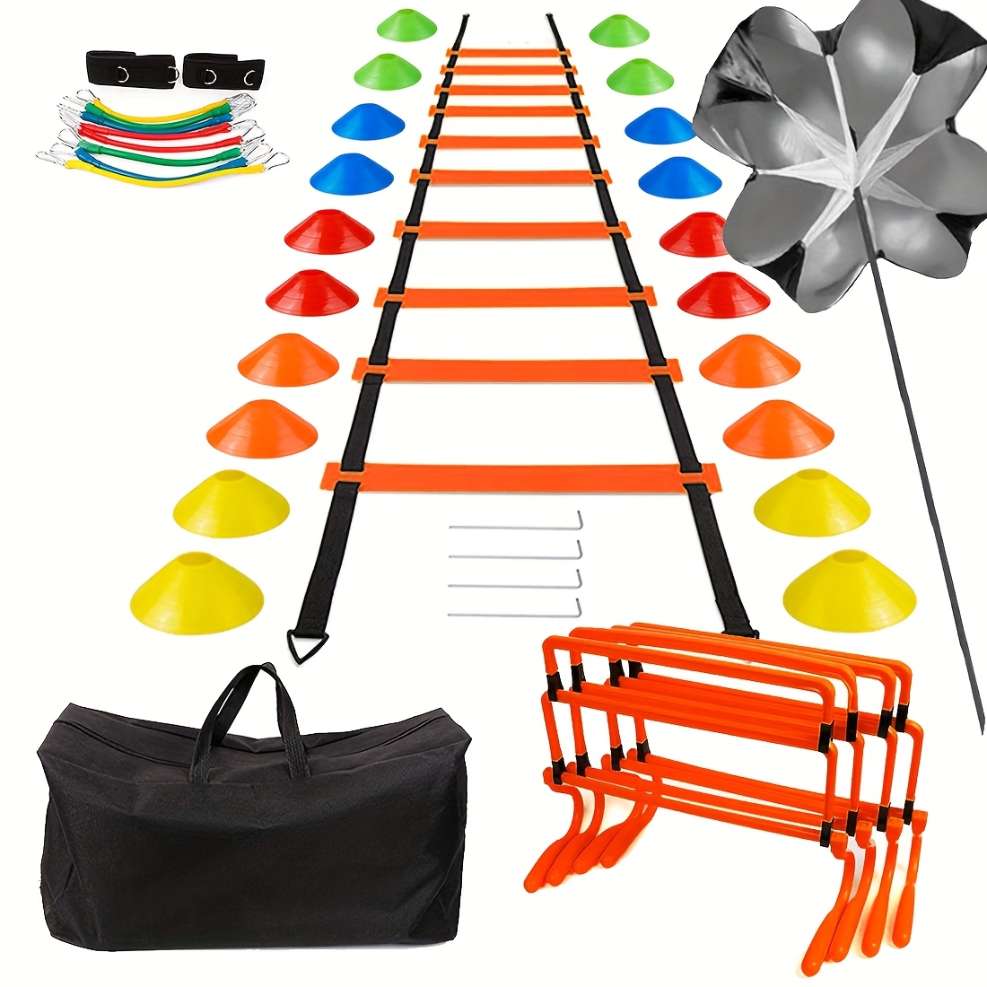 TEMU 42pcs Speed And Agility Training Set In Sizes, Including A 6-meter Agility Ladder, 20 Soccer Markers, Adjustable Hurdles, A Drag Parachute,