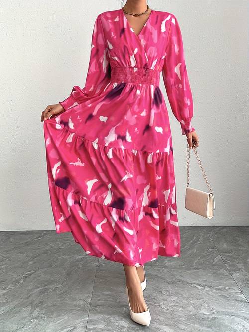 Elegant Pink Floral Print V-Neck Dress with Hem, Long Sleeve, and Cinched Waist for Women - Spring/Summer/Fall, Floral Dress
