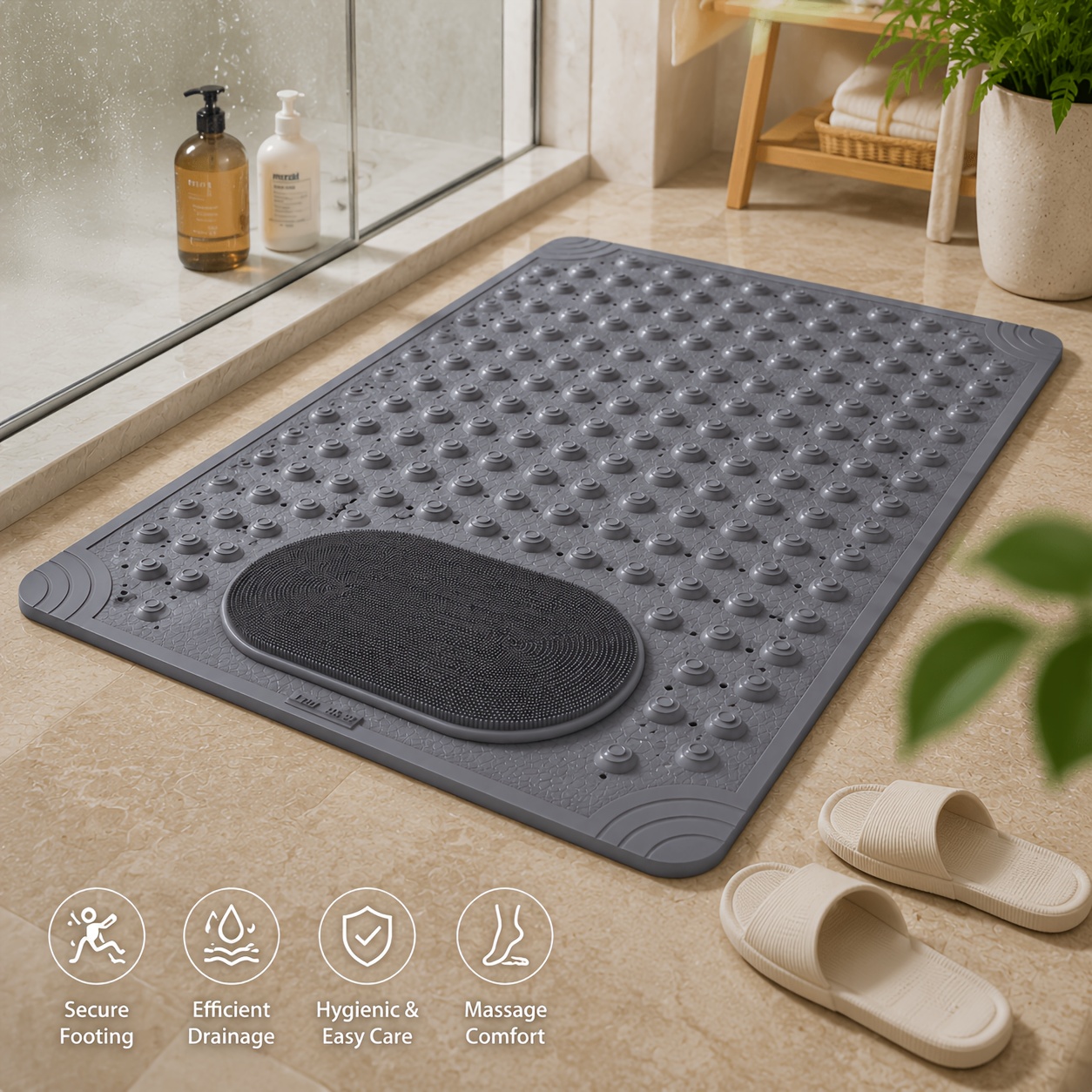 Bathroom Shower Mat With Foot Massage Section, Suction Base And Drainage , Household Bath Floor Mat