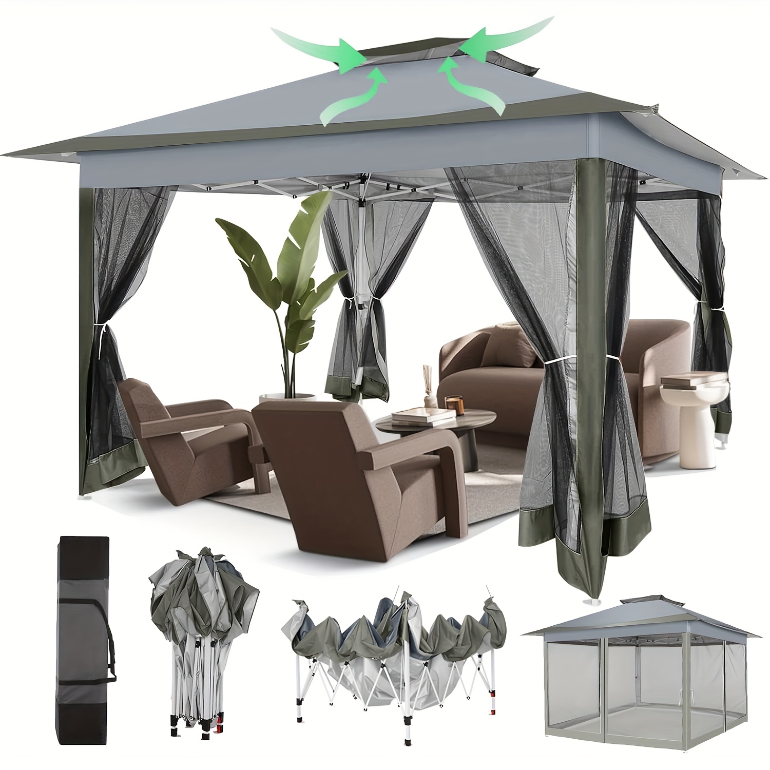 TEMU 3x3m Pop Up Tent, Party Tent, Canopy With , Foldable , Ventilated Double Roof, With Carrying Bag, With Sandbags With 4 Mesh , Adjustable Height,