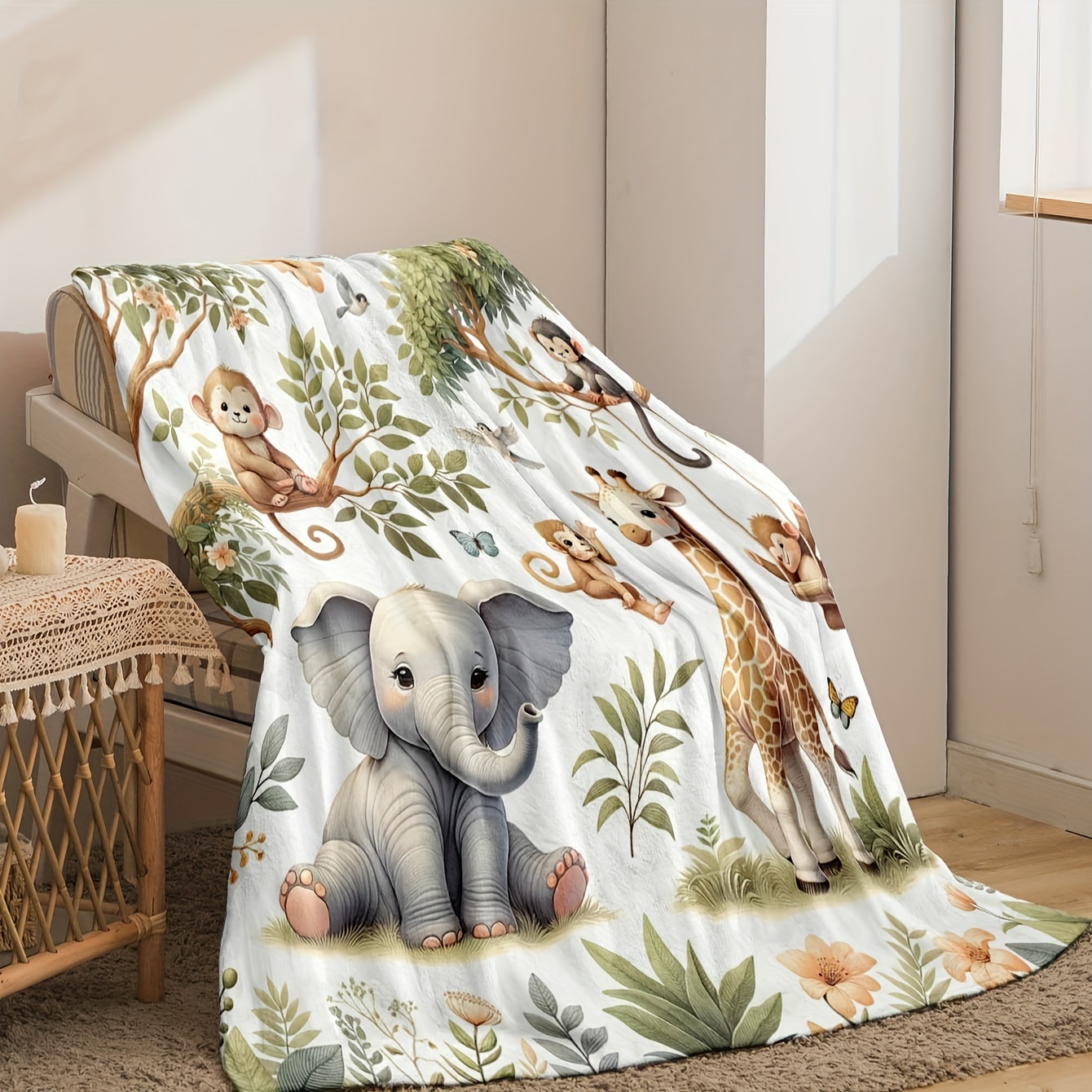 Watercolor Jungle Elephant and Giraffe Flannel Blanket