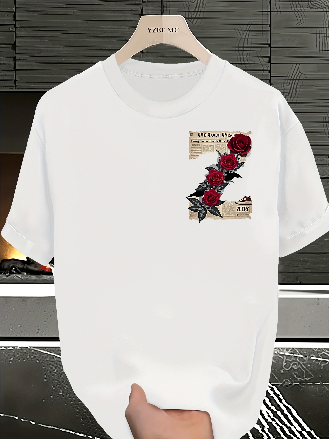 mens vintage newspaper back floral print t shirt red rose - Temu Oman