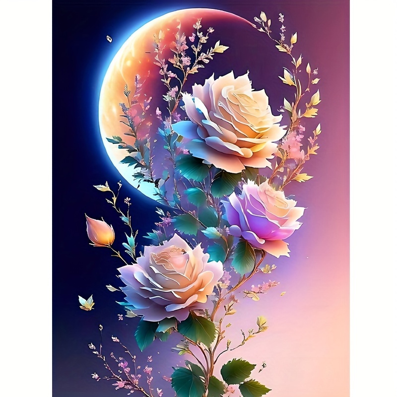 

5d Full Drill Round Diamond Painting Kit - Blooming Flowers & Full Moon Design | Diy Craft For Beginners & Enthusiasts | Perfect For Living Room, Bedroom, Study Decor | Ideal Gift For Friends & Family