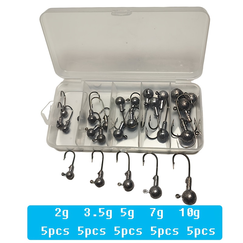 25pcs Premium Lead Head Hook Set – Weighted Fishing Hooks (2g/3.5g/5g/7g/10g) With Sharp Barbed Tip – High Strength For Freshwater/saltwater