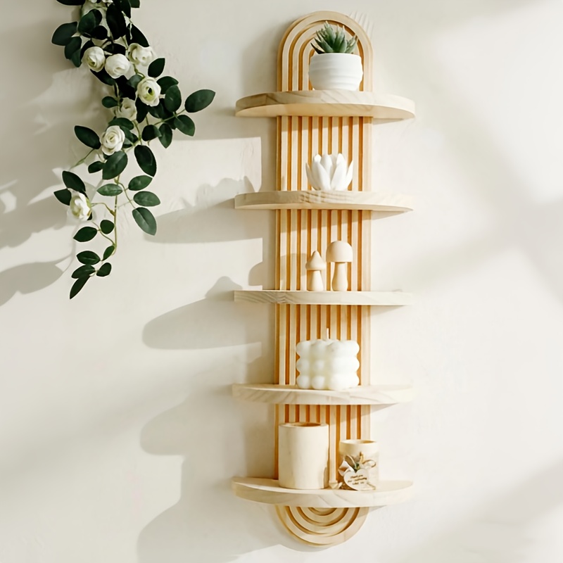 Five-tier Oval Wooden Wall Shelf, Natural , Bohemian Rustic Style Floating Shelf, Storage Display Organizer For Home Decor, Bathroom, Kitchen, And Office