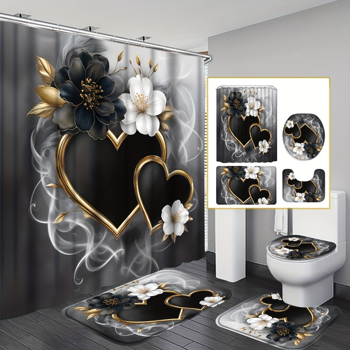 TEMU 2d Flat, 2d Flat, 4pcs 2d Flat Beautiful Heart And Floral Pattern Shower Curtain Set, Fashion Bathroom Curtain Set With 12 Hooks Including