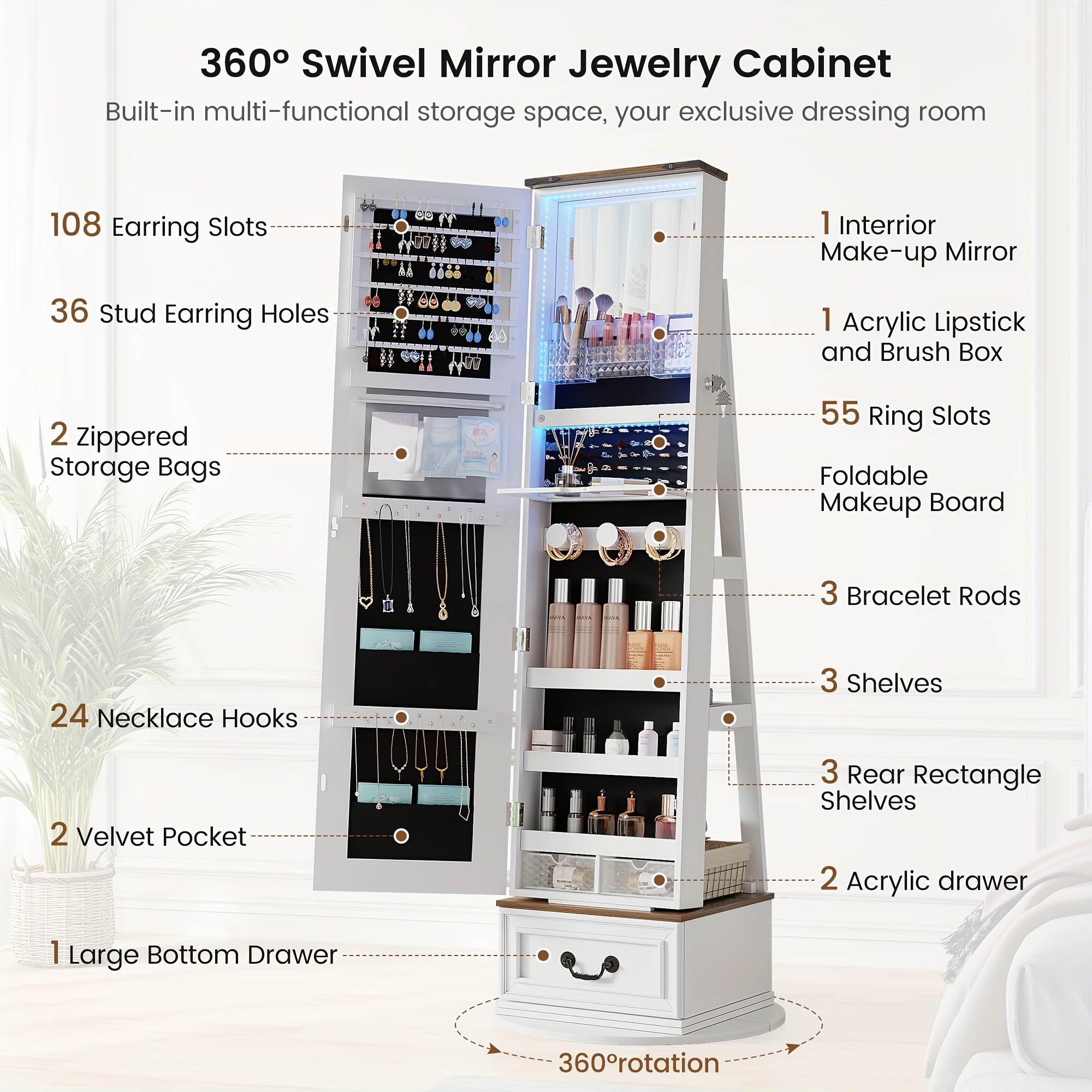 Lockable Vintage-Inspired 360° Swivel Jewelry Mirror Cabinet with Lights - Full Length Organizer with Storage Drawer for Bedroom Decor - Image 8