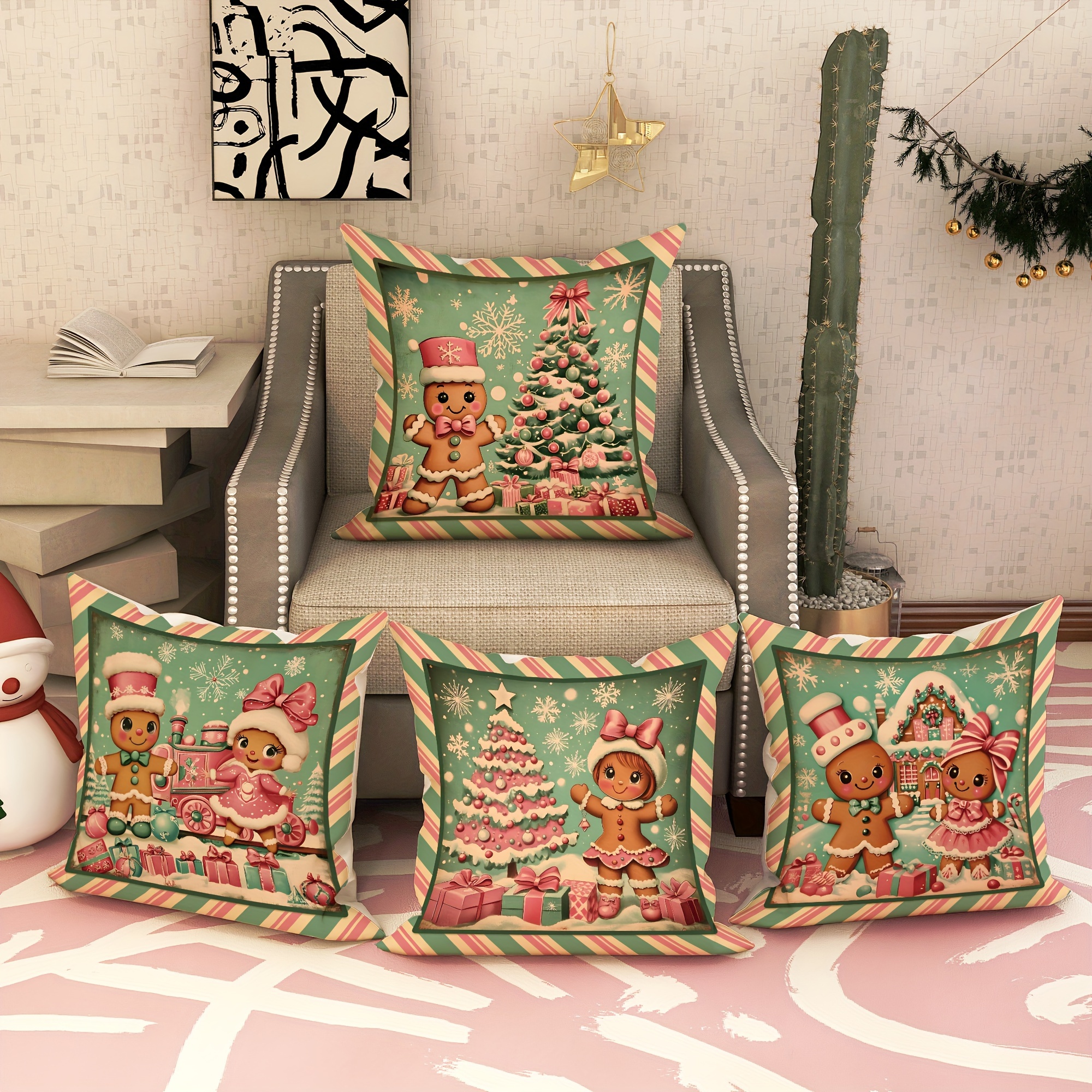 

4pcs Christmas Tree Decorative Pillowcases 1 18in*18in For Sofa Bed Decor Inserts