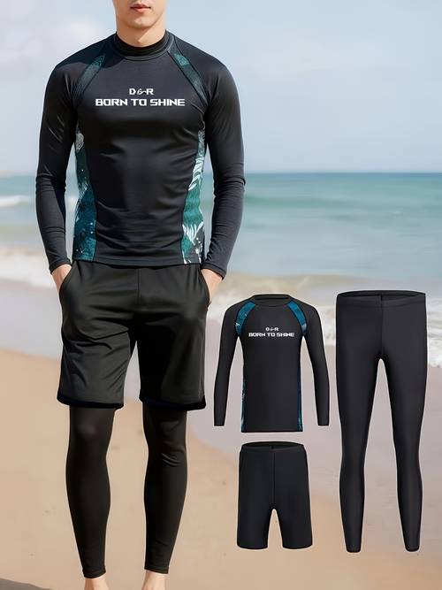 new mens long sleeve swimsuit long pants shorts 3pcs set beachwear surfing swimwear