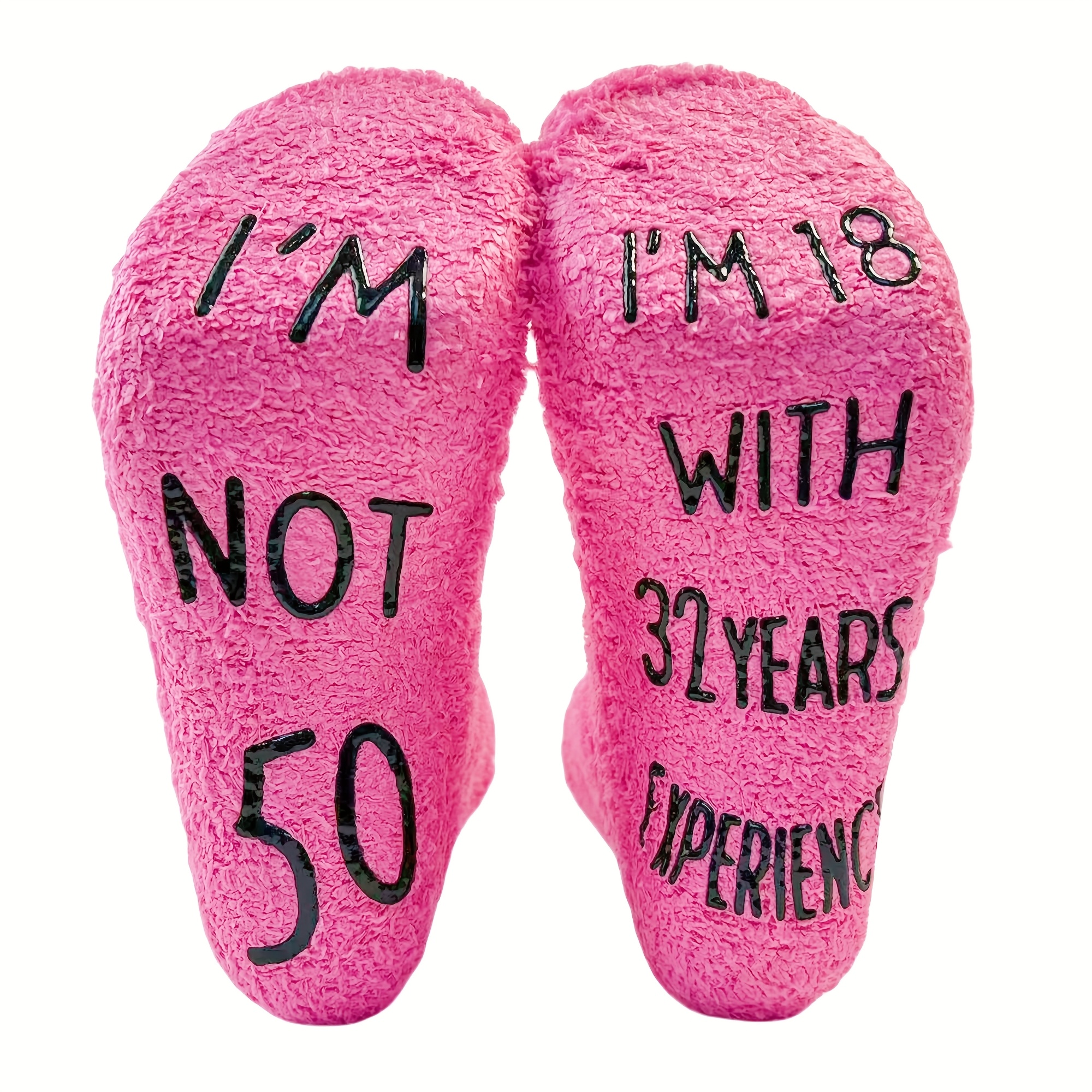 TEMU A Pair Of Fuchsia Coral Fleece Fun Dot Glue Floor Socks, " 30, I'm 18 With 12 Years Of Experience" In 5 : 30/40//70. Humorous And Interesting, A