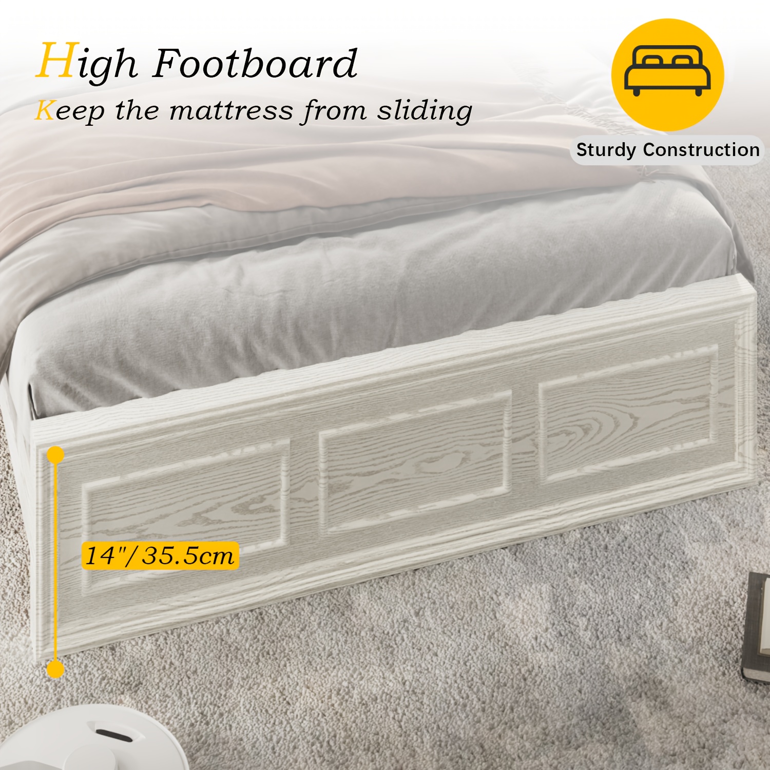 Brown and White Farmhouse Style Platform Bed Frame with Height Adjustable Headboard