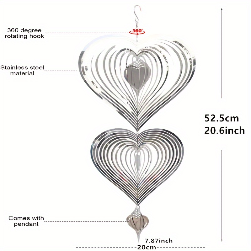 Image of A 3pcs Set Of Heart-shaped {20+15} 3d Wind Chimes Outdoor Metal Decoration Courtyard Garden Stainless Steel Hanging Wind Chimes Indoor And Outdoor Garden Decoration