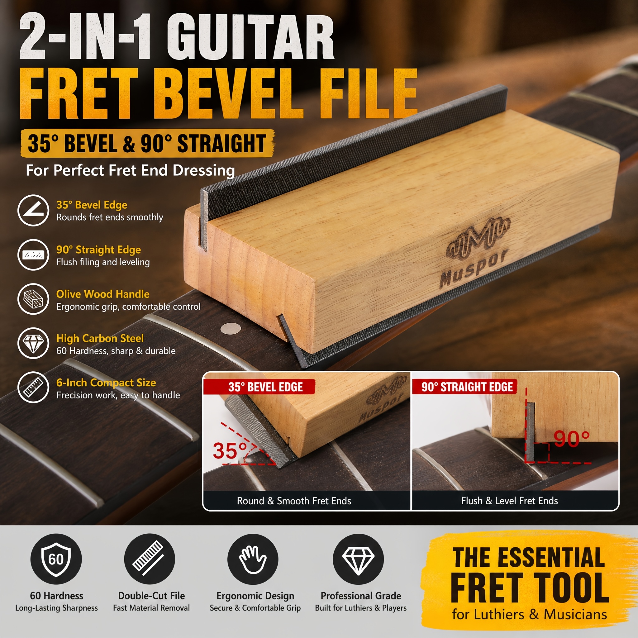 Olive Wood Guitar Fret File, High Carbon Steel Dual-angle Design, Professional Fret Leveling Tool, Ergonomic Grip, Ideal For Guitar/ Maintenance, Hand File