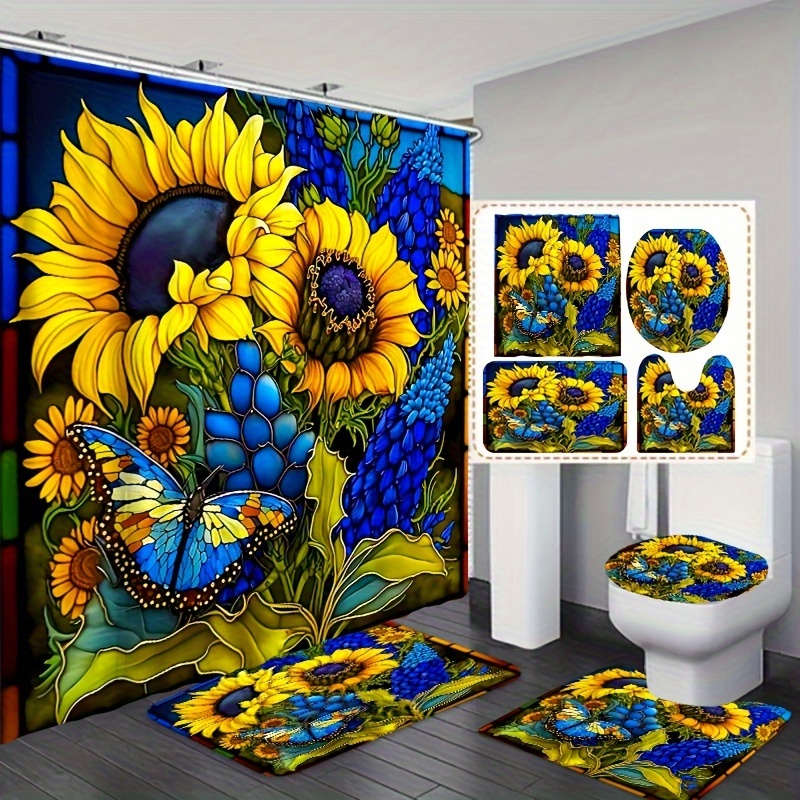 

1/3/4pcs Blue Butterfly Sunflower Printed Shower Curtain Set, Waterproof Shower Curtains With 12 Hooks, Non Slip Carpet, Toilet Lid Mat, U-shaped Bath Mat, Home Decoration, Bathroom Accessories