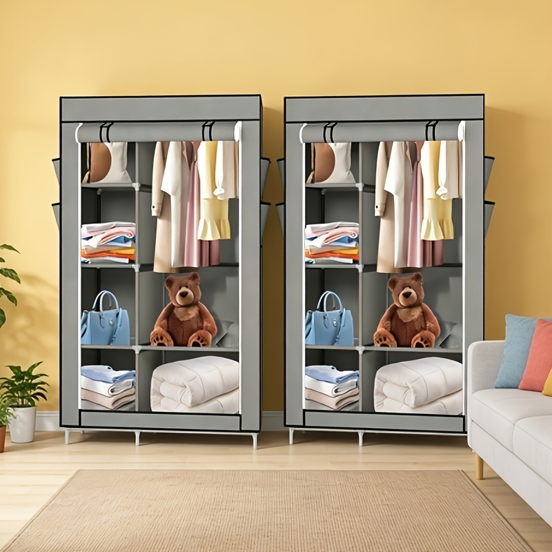 2pcs Modular Wardrobe System With Multi-door Storage - Freestanding Closet Organizer For Student Apartments & Dorms, Grey Fabric Cover, Assembly, Space- 170x105x45cm