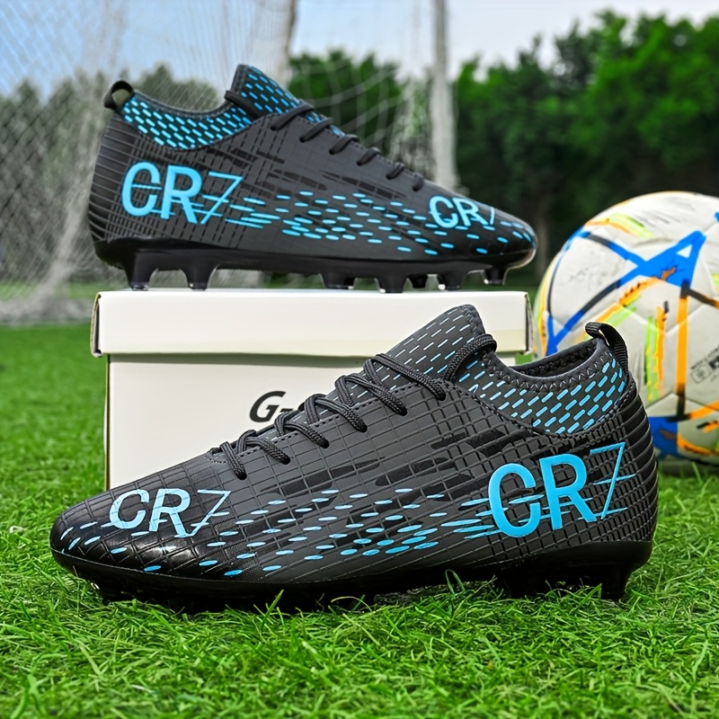 cr7 фудбалски чевли - црни со сини и зелени ленти, неносливи, дишливи, професионални чевли за натпревари и , за сите , издржливи чевли за вештачка трева, pu/ткаенина горен дел, tpu подметка, чевли со врвки, спортски чевли|професионални фудбалски чевли|чевли со врвки детали 0