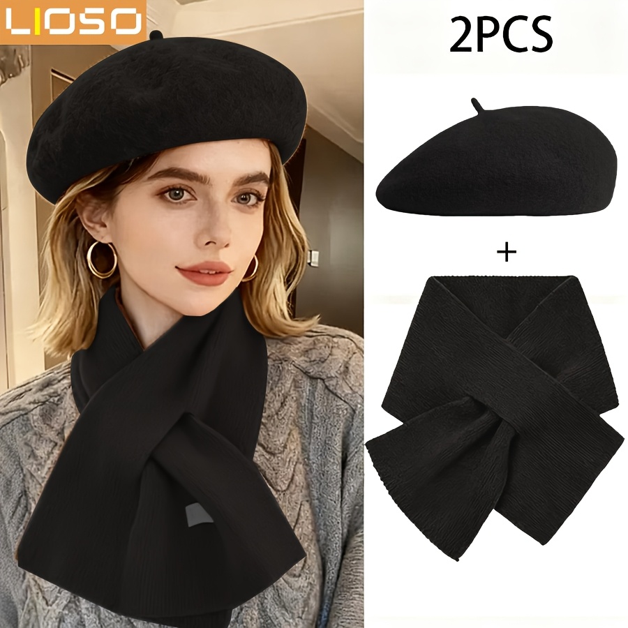 Image of Ladies Hat And Scarf Set, Ladies Beret, Warm Hat, Autumn And Winter Hat, Spring And Summer Hat, Neck Warmer, Scarf, Ladies Scarf, Warm Scarf, Suitable For Outdoor Travel Wear, Holiday Gifts