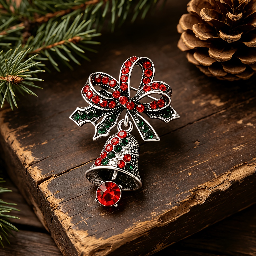 TEMU Vintage Bow And Bell Brooch Featuring -dimensional Vintage-style Bow, With Red And Green Rhinestone Holly Leaves And A Hanging Bell Pendant. The