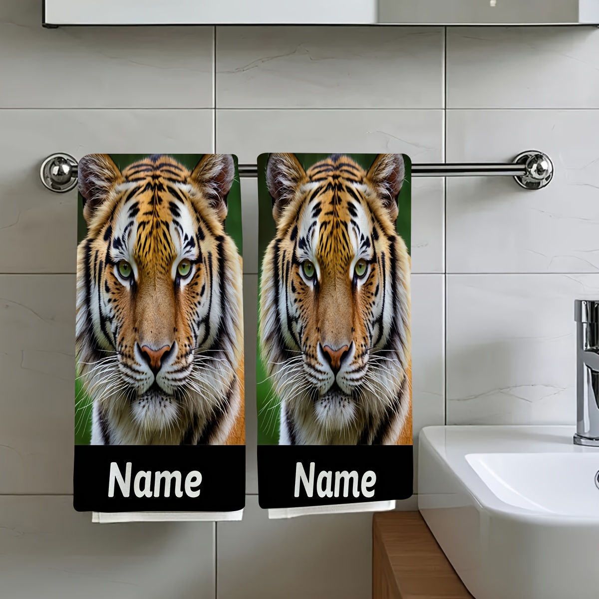 TEMU 2pcs, A Portrait Of A Face Showcasing Its Vibrant Stripes, A Travel , A Towel With Customizable Text, A Personalized Name Towel, A Cartoon And