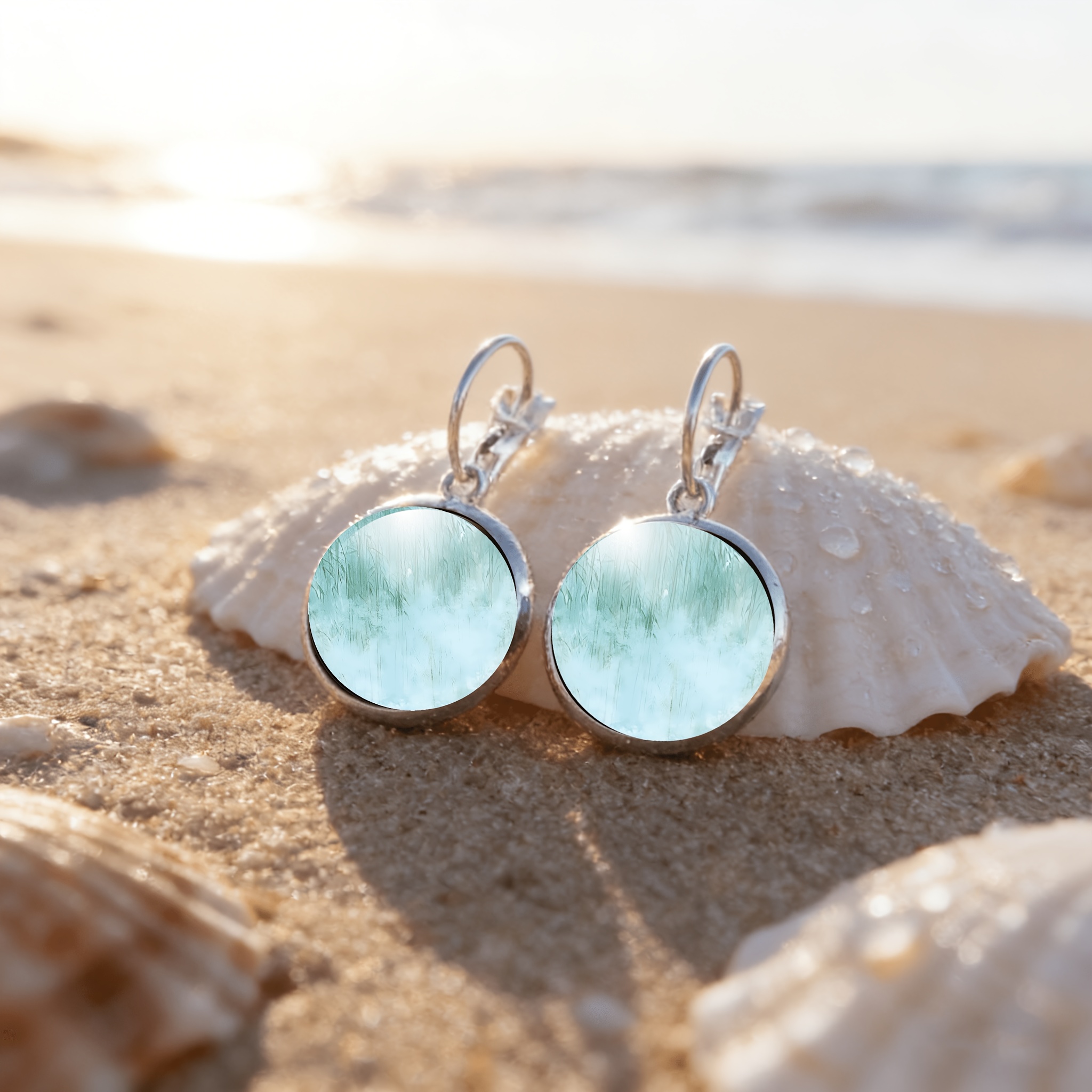 2pc Exquisite White Round Glass Inlaid Earrings with Dreamy Background